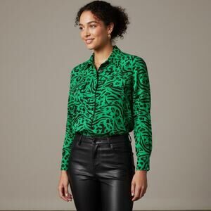 AMANDA UPRICHARD 100% Silk Button up Shirt Green Black Print Sz Small